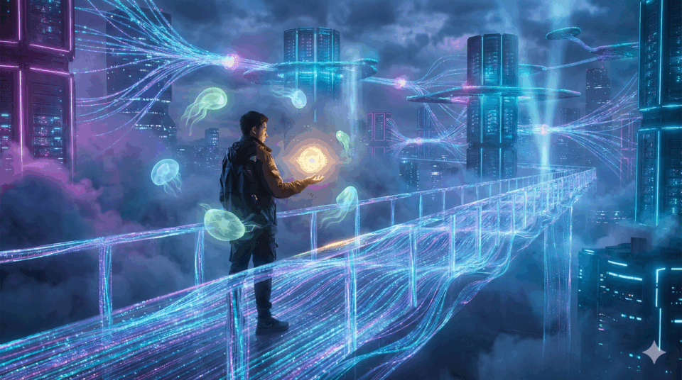 SEO 2026: 7 Verità Scomode che Stravolgeranno la Tua Visibilità (e Come Sopravvivere) Rappresentazione artistica della SEO 2026: figura umana su un ponte di dati digitali che regge una luce dorata, simbolo del Brand, circondata da agenti AI fluttuanti.